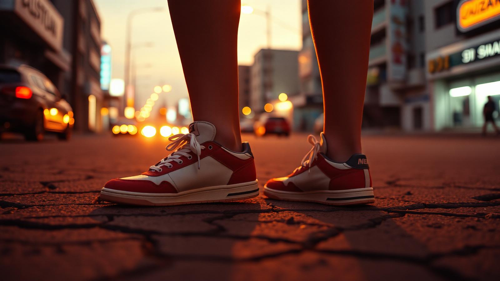 Chaussures rétro sur asphalte urbain au coucher du soleil